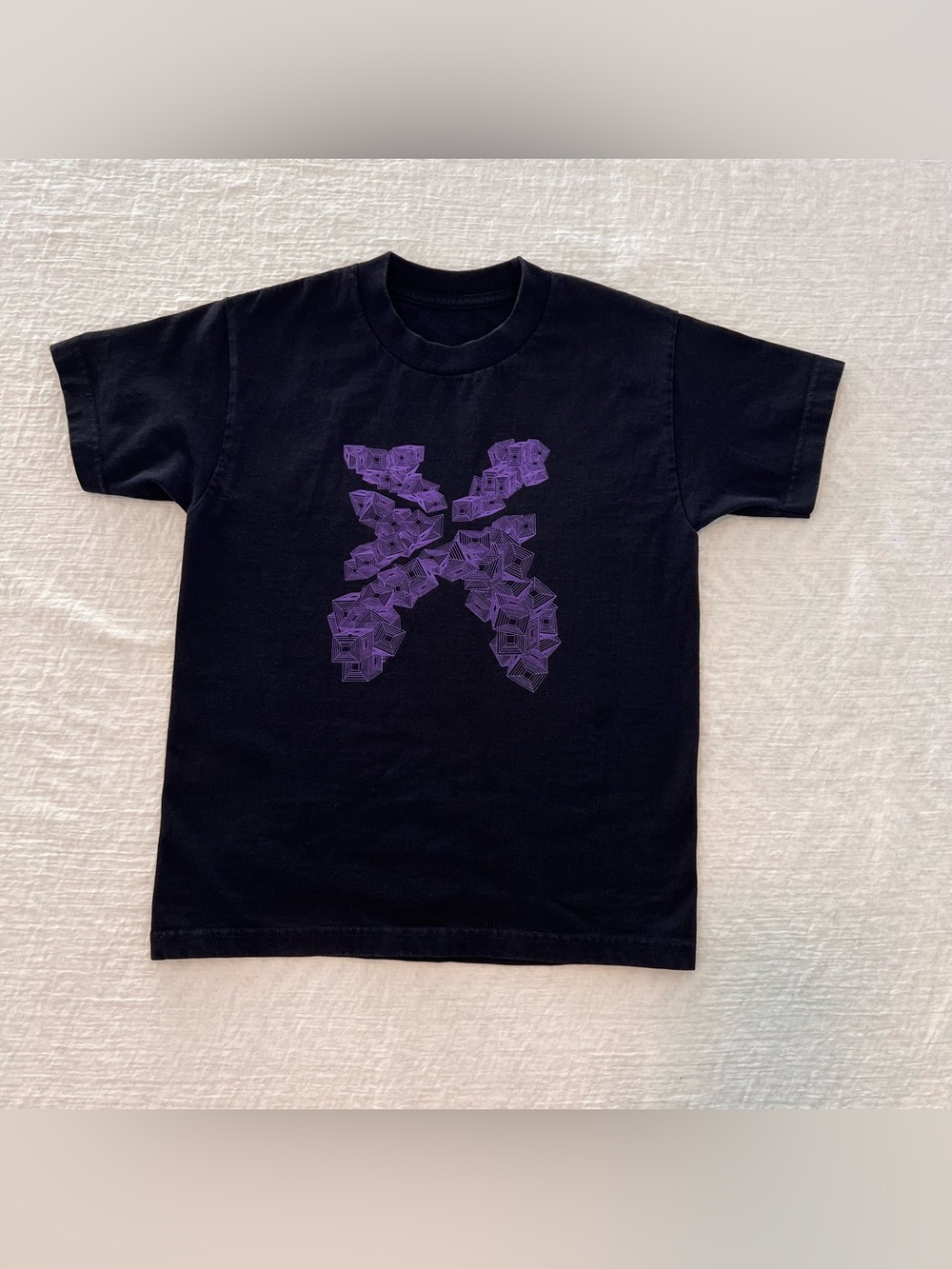 Boys Geometric Purple Cube On Cube Crew Neck T-Shirt On Solid Black Canvas YS